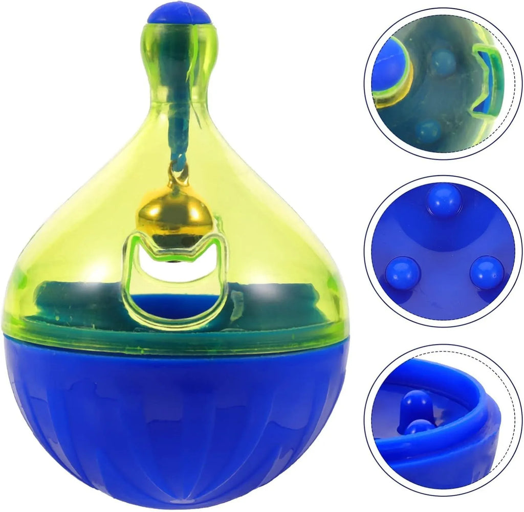Blue pet treat dispenser tumbler toy for dogs and cats with interactive food puzzle design