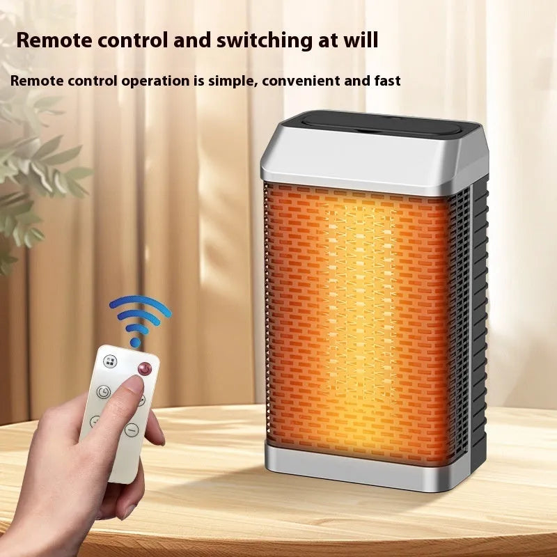 Black remote control smart desktop heater with shaking head mechanism on a desk