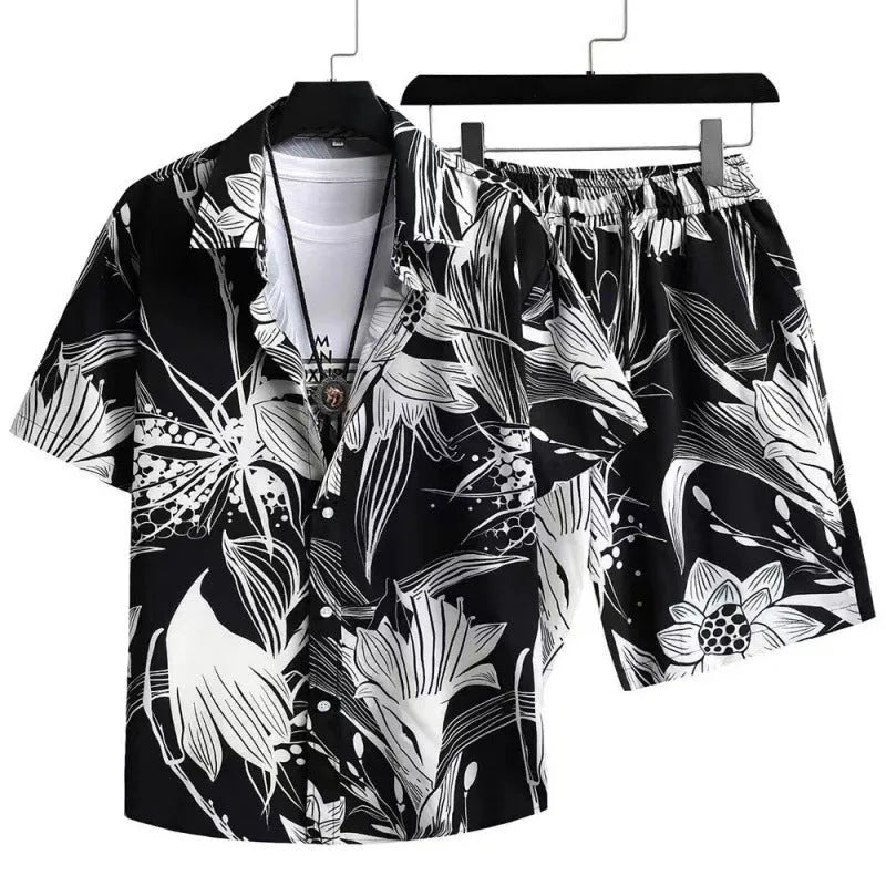 Men's casual suit set with digital printed shorts and short sleeve cardigan in polyester elastic fabric