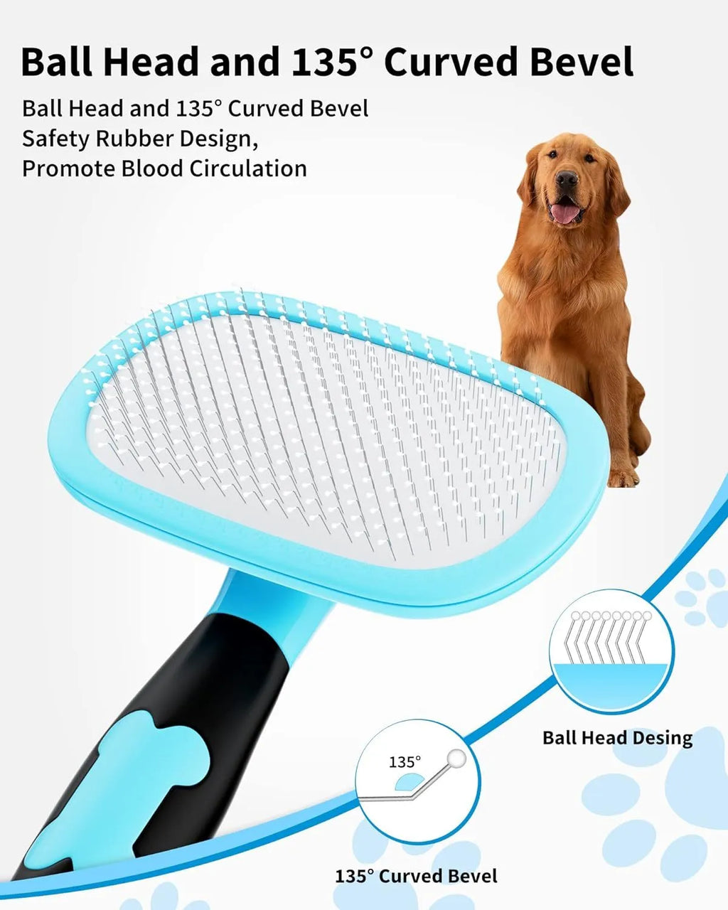 Rectangular pet grooming brush with stainless steel bristles and blue rubber handle on white background