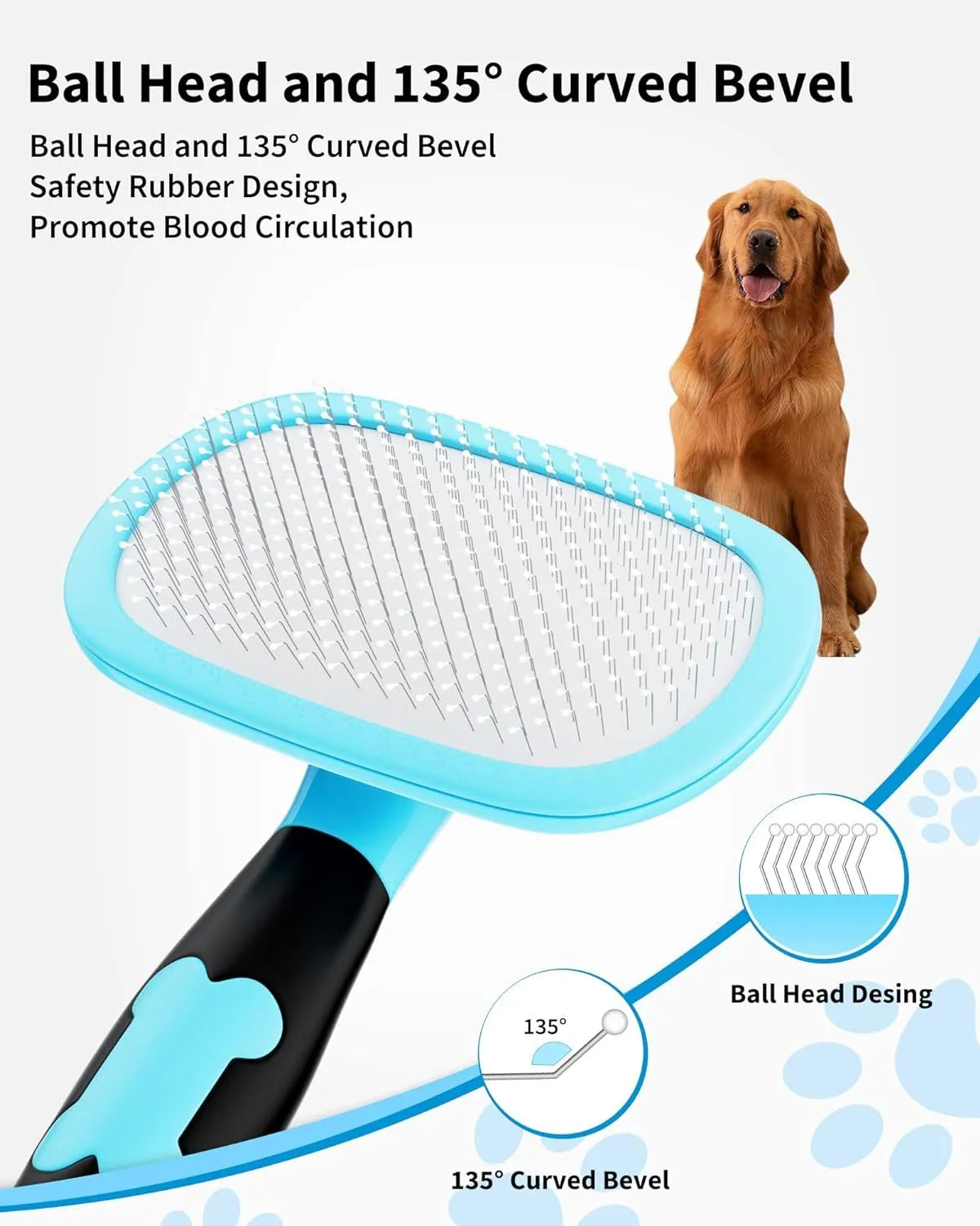 Rectangular pet grooming brush with stainless steel bristles and blue rubber handle on white background