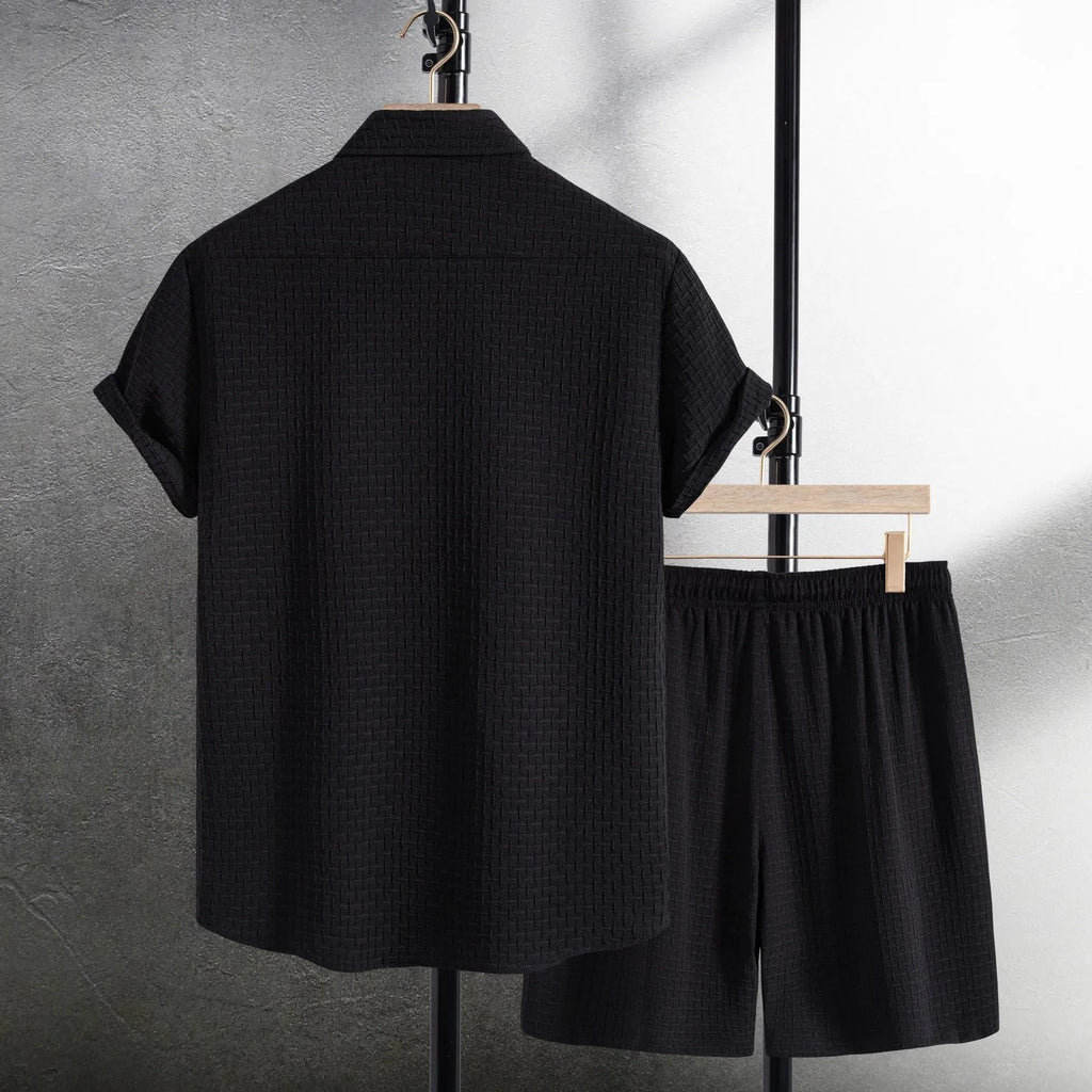 Men's black cotton blend short sleeve shirt and shorts summer suit on hanger