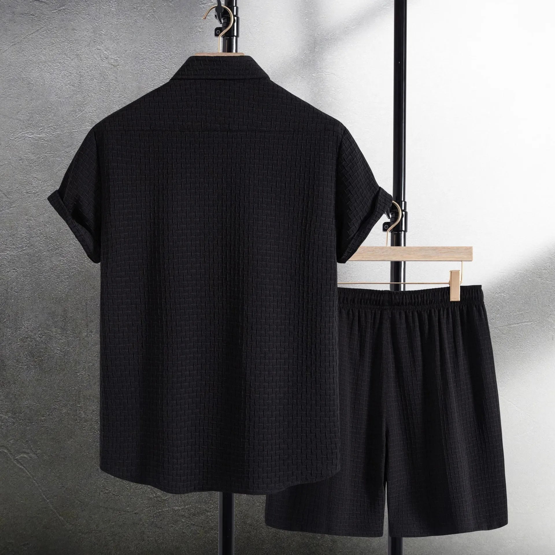 Men's black cotton blend short sleeve shirt and shorts summer suit on hanger