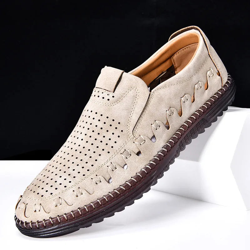 Men's brown slip-on casual shoes with round toe and sewing line detailing on flat PVC sole