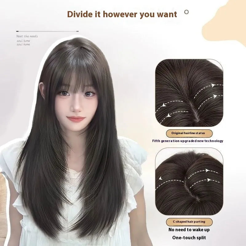 Black long straight high layered full-head wig for women with wear-free hair net
