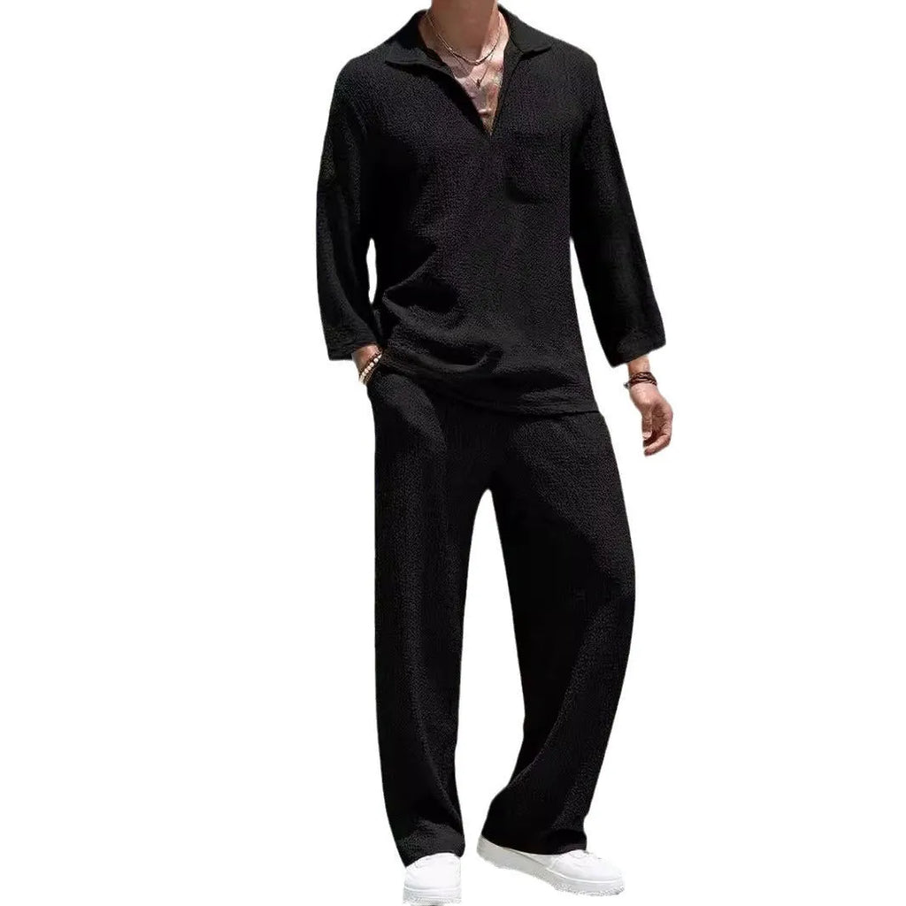 Men's casual polyester shirt trouser suit in lake blue colour with Asian sizing options
