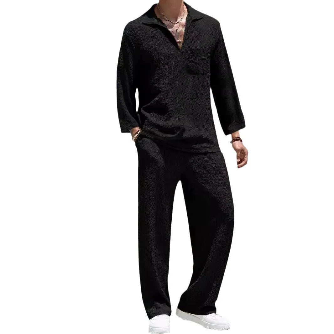 Men's casual polyester shirt trouser suit in lake blue colour with Asian sizing options