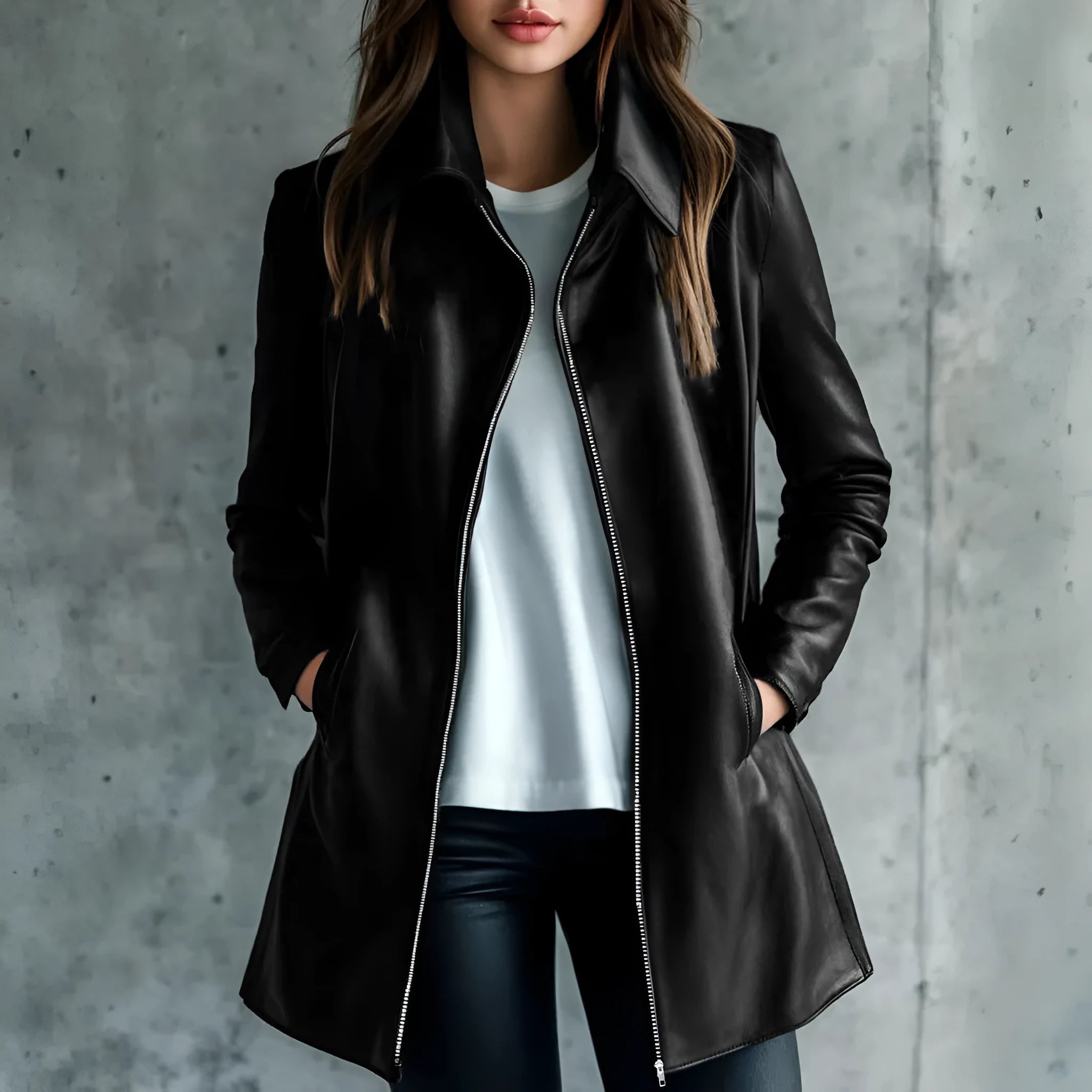 Women's black leather-effect polyester jacket with long sleeves, medium 65cm length, front view