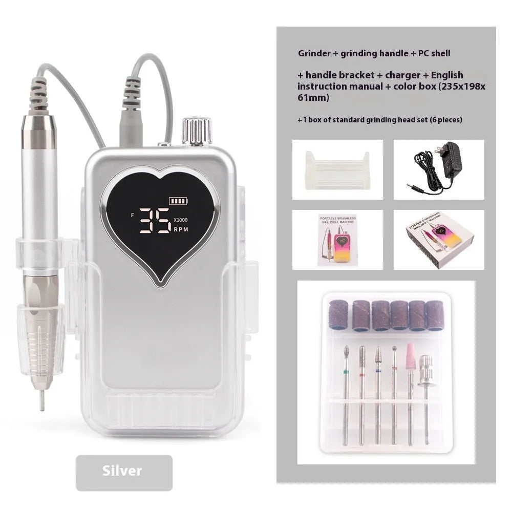Brushless nail polishing machine with charging feature, 6 grinding heads, white body, and handle bracket