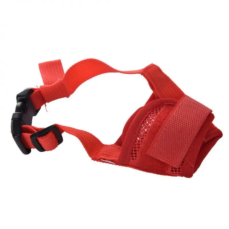 Adjustable plastic basket dog muzzle shown in multiple colours and sizes for biting and barking control.