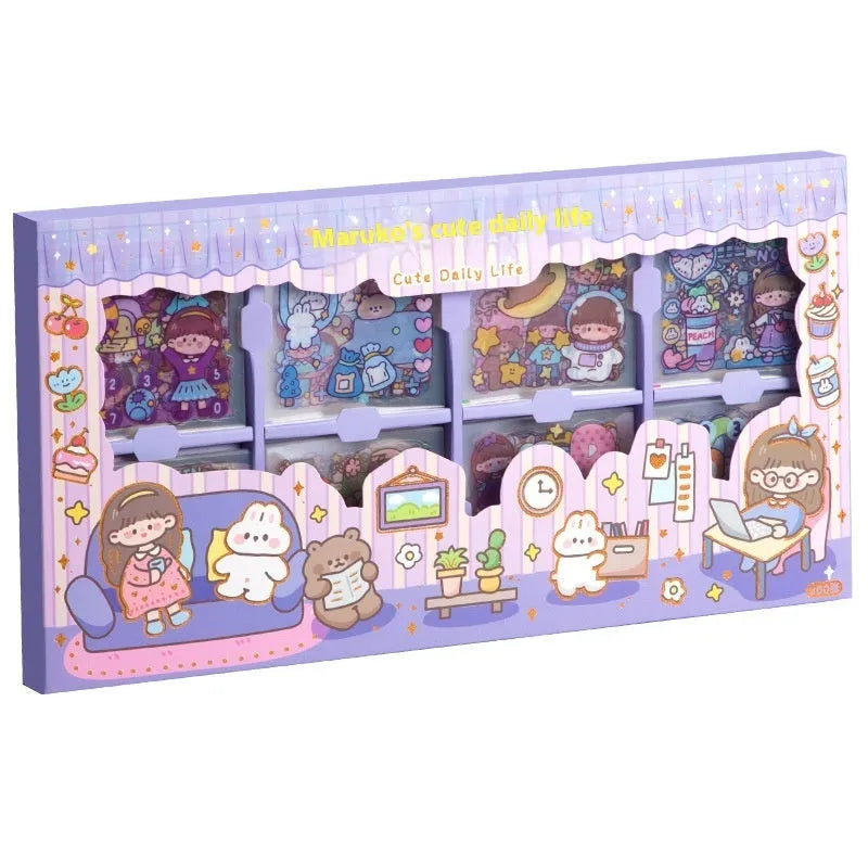 Children's themed reusable sticker set showing five colour designs in goo card notebook post format