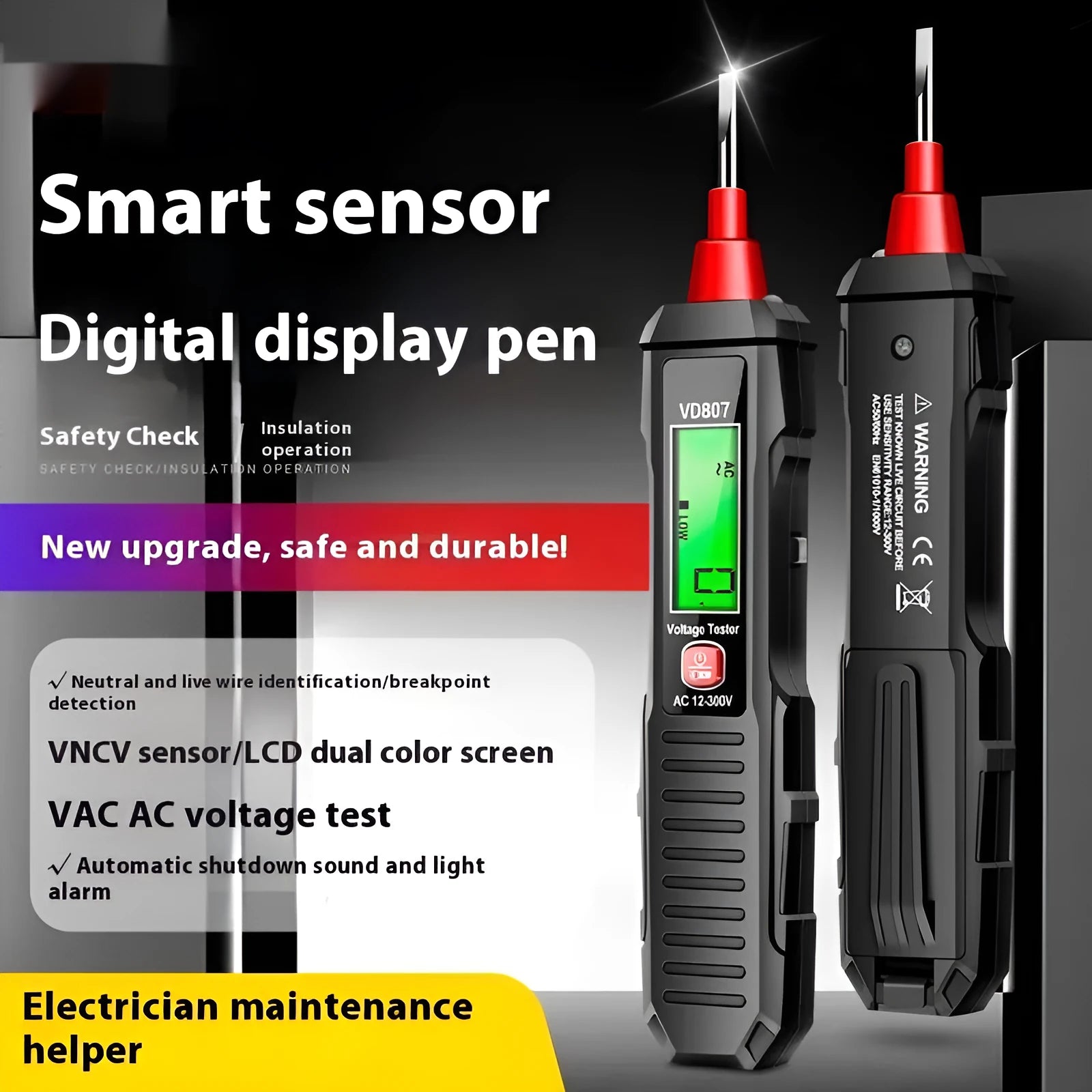 Portable high-sensitivity zero line detection pen with LCD display and plastic body in black colour