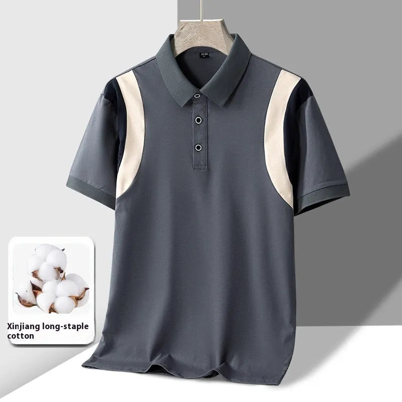 Men's business lapel cotton T-shirt with striped pattern and short sleeves in loose Korean style fit