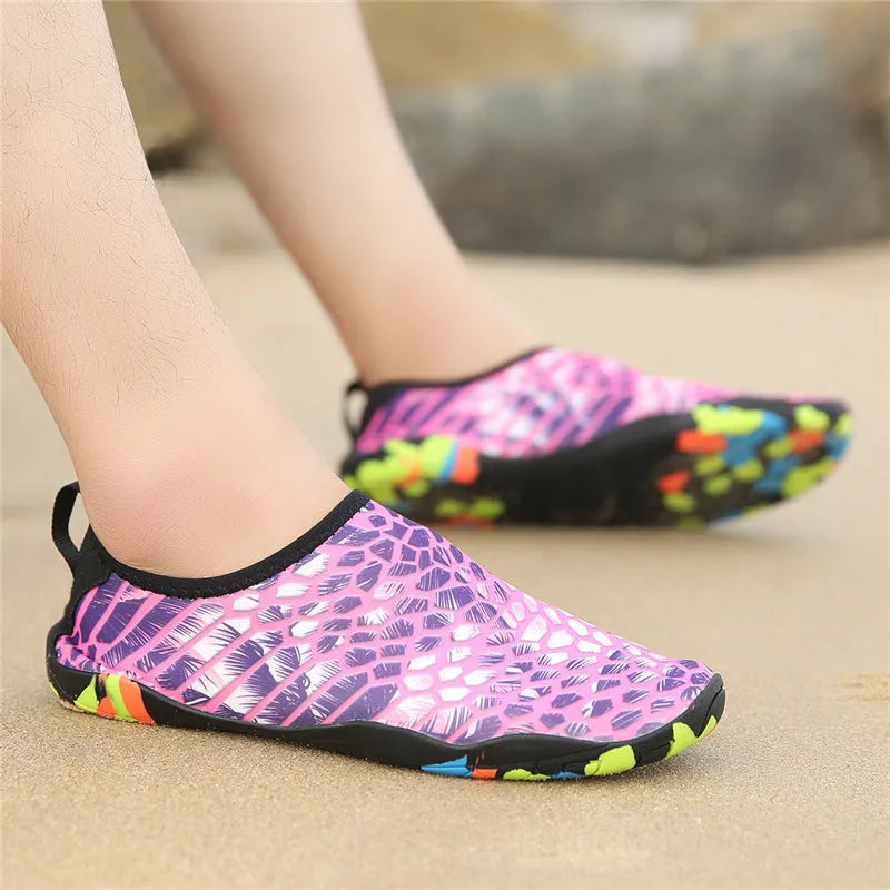 Beach wading shoes with elastic Lycra uppers and EVA foam soles for swimming and water sports