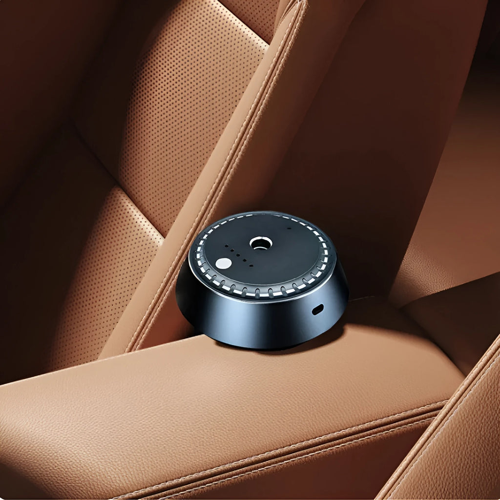 Smart car aroma diffuser in black metal, 9x4.5cm, with USB charging and timed ultrasonic diffusion