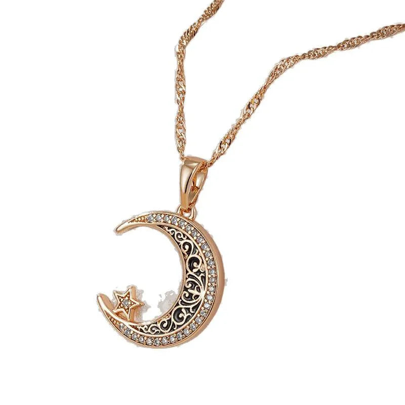 Rose gold star moon enamel zircon pendant necklace with adjustable water wave chain on display