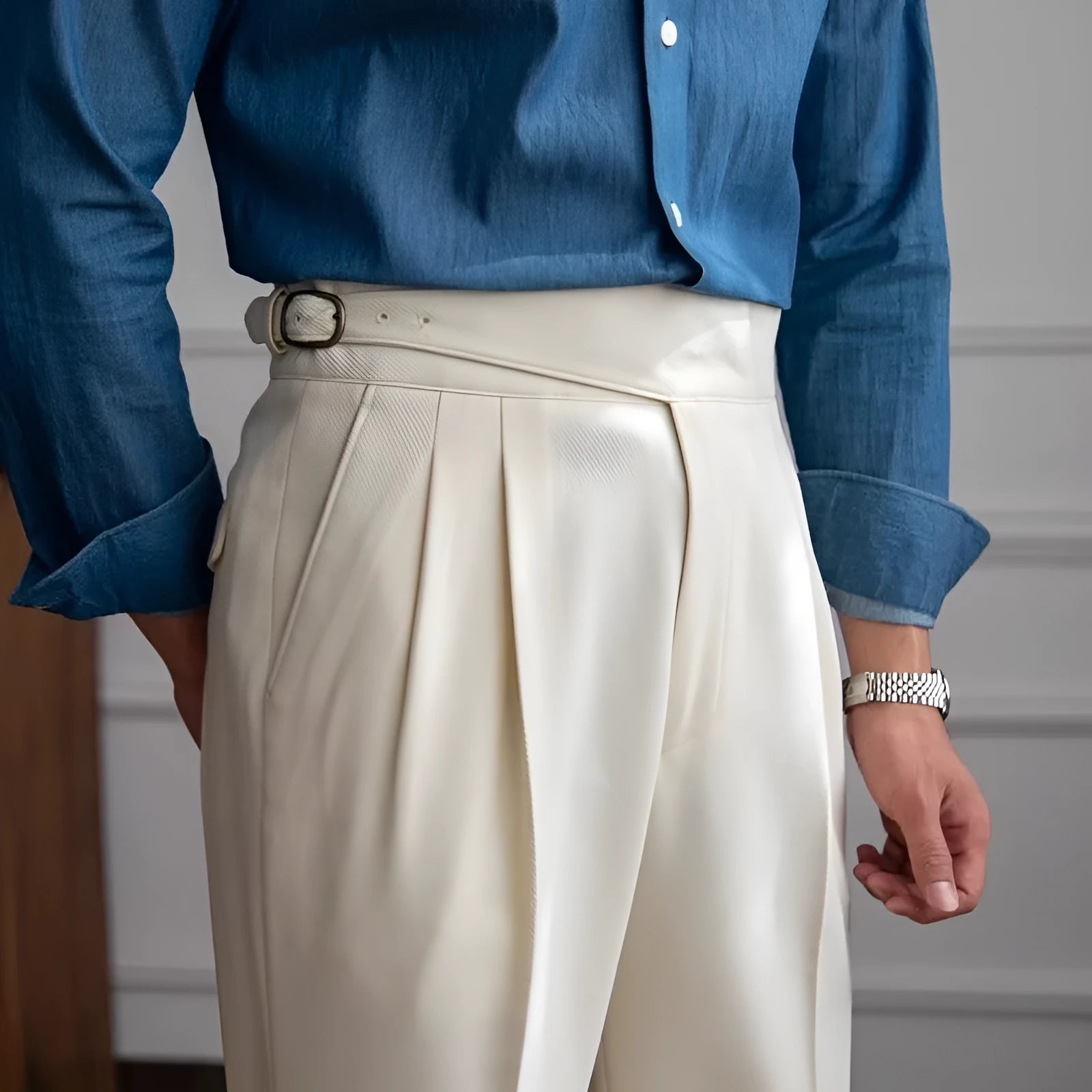 Men's high waist straight leg casual trousers in black, shown on a hanger.