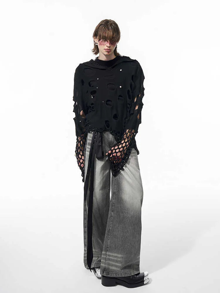Black men's loose hoodie with pearl decoration on the hood, shown as a thin spring sweater.