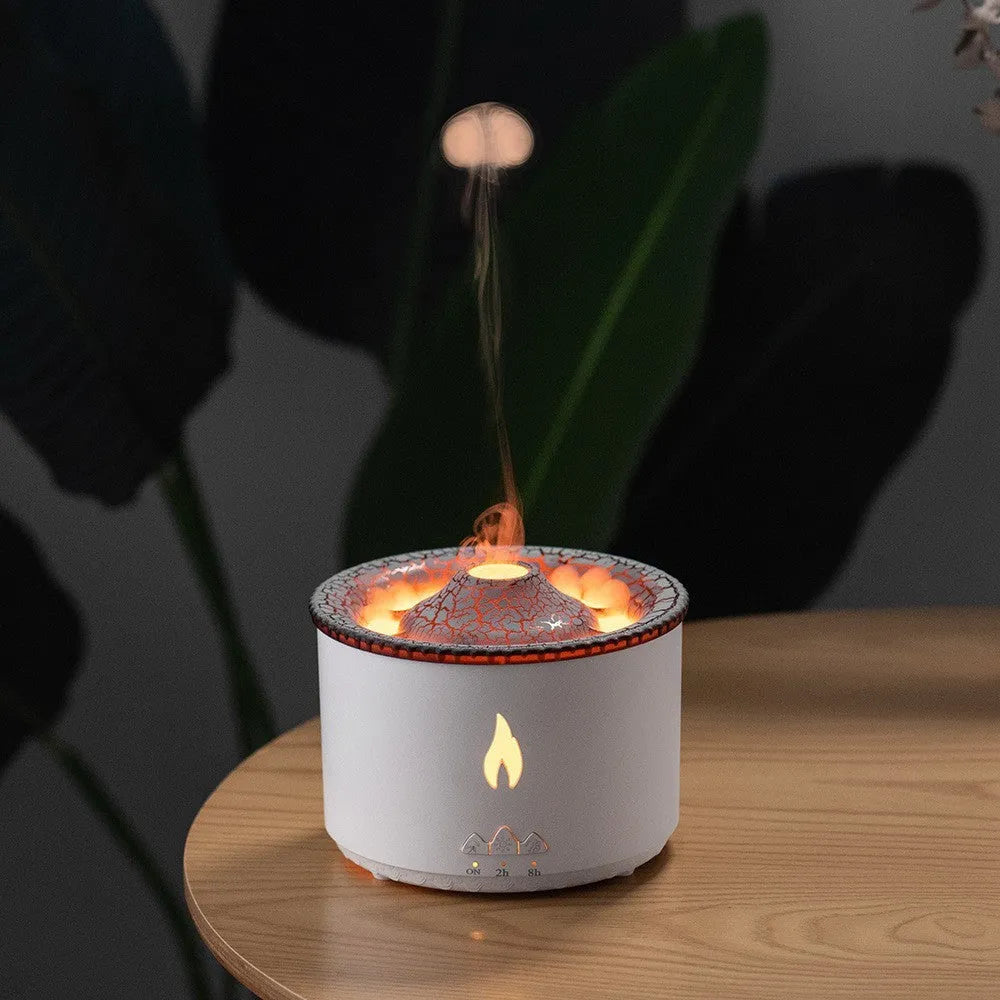 Two-colour spray ring volcano humidifier with aromatherapy, low noise 36dB, AC powered, plastic body, fire blue bicolor colour option