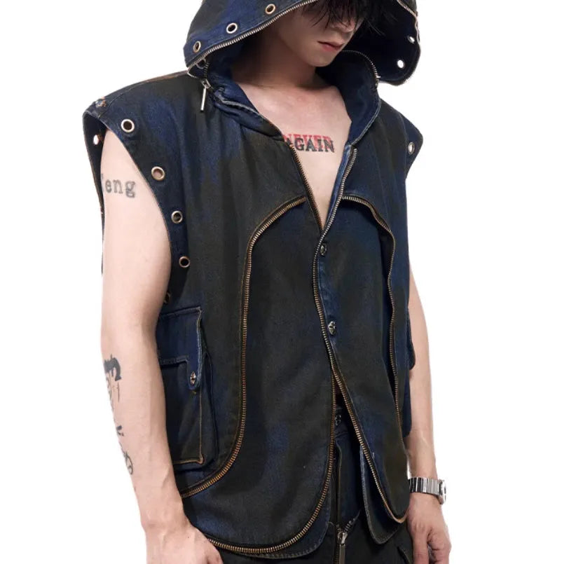 Blue heavy industry hooded denim vest and matching trousers set on a model, showing zippered front and Korean style.