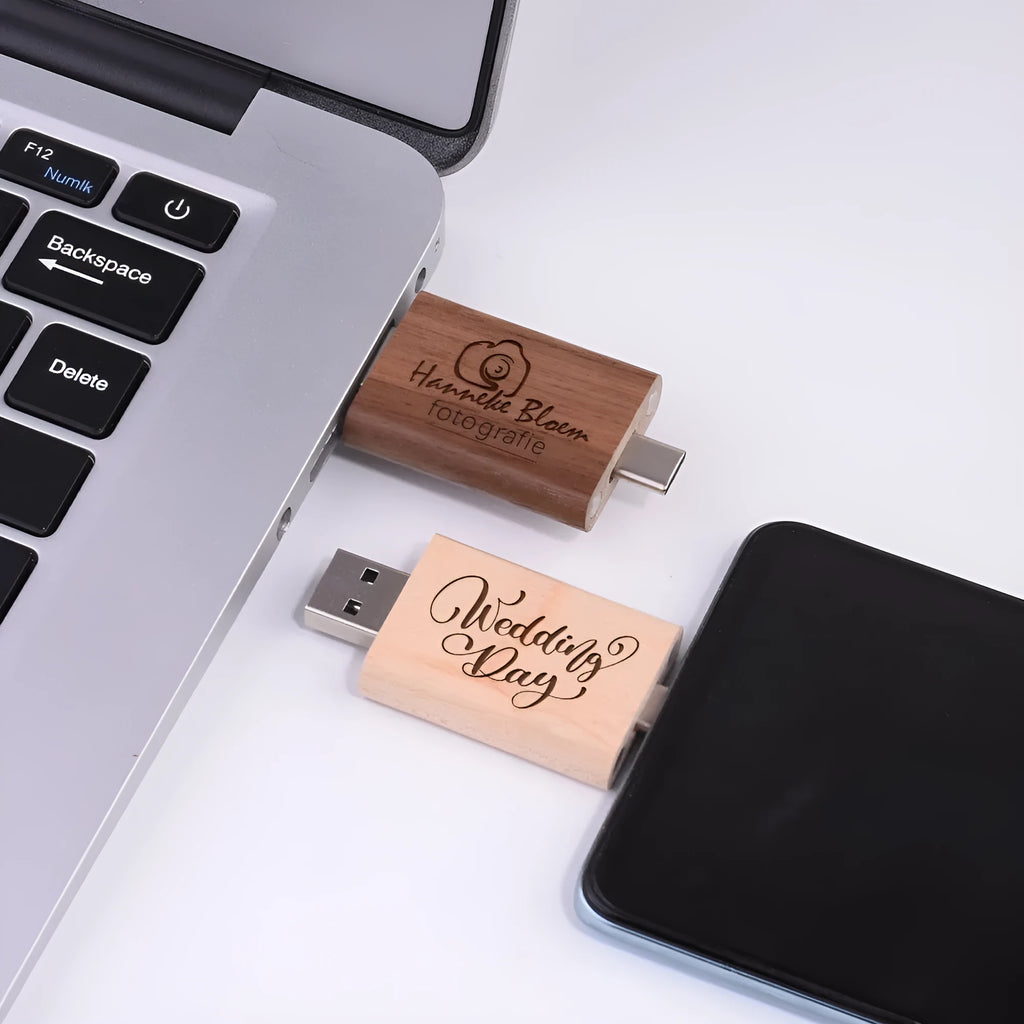 Maple wooden USB flash drive with Type-C connector on a wooden surface.