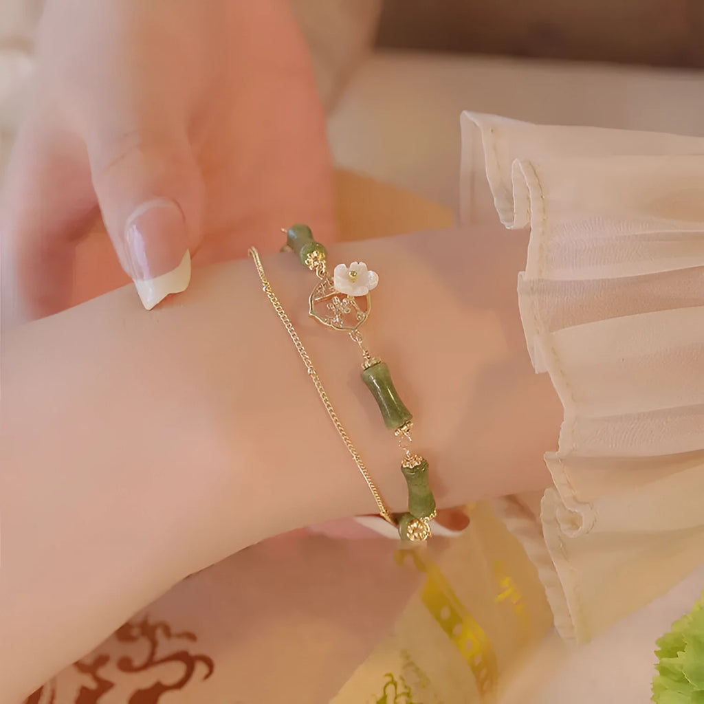 Natural olivine double layer bracelet with twin bells of Ireland charm, handmade green stone beads, women's pastoral jewellery