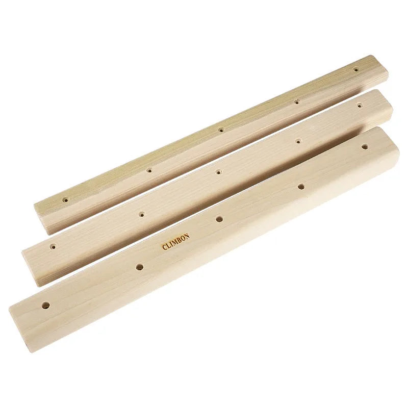 Wooden fingerboard hangboard set showing three different lengths for grip strength training