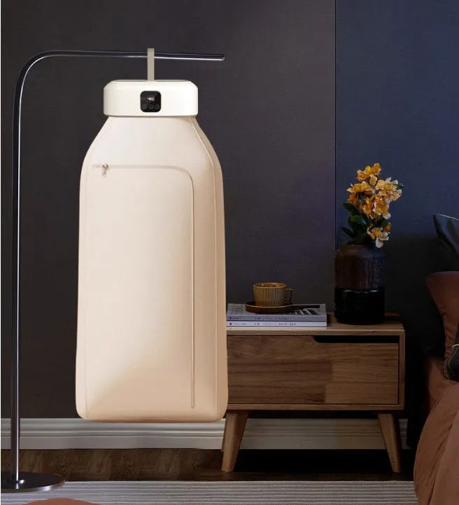 White cylindrical remote control laundry dryer with foldable design for compact storage