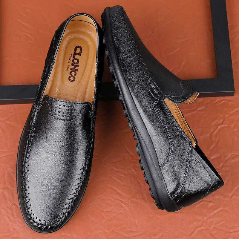 Men's cowhide leather business casual shoes round toe solid colour rubber sole available in black brown and cotton-lined versions