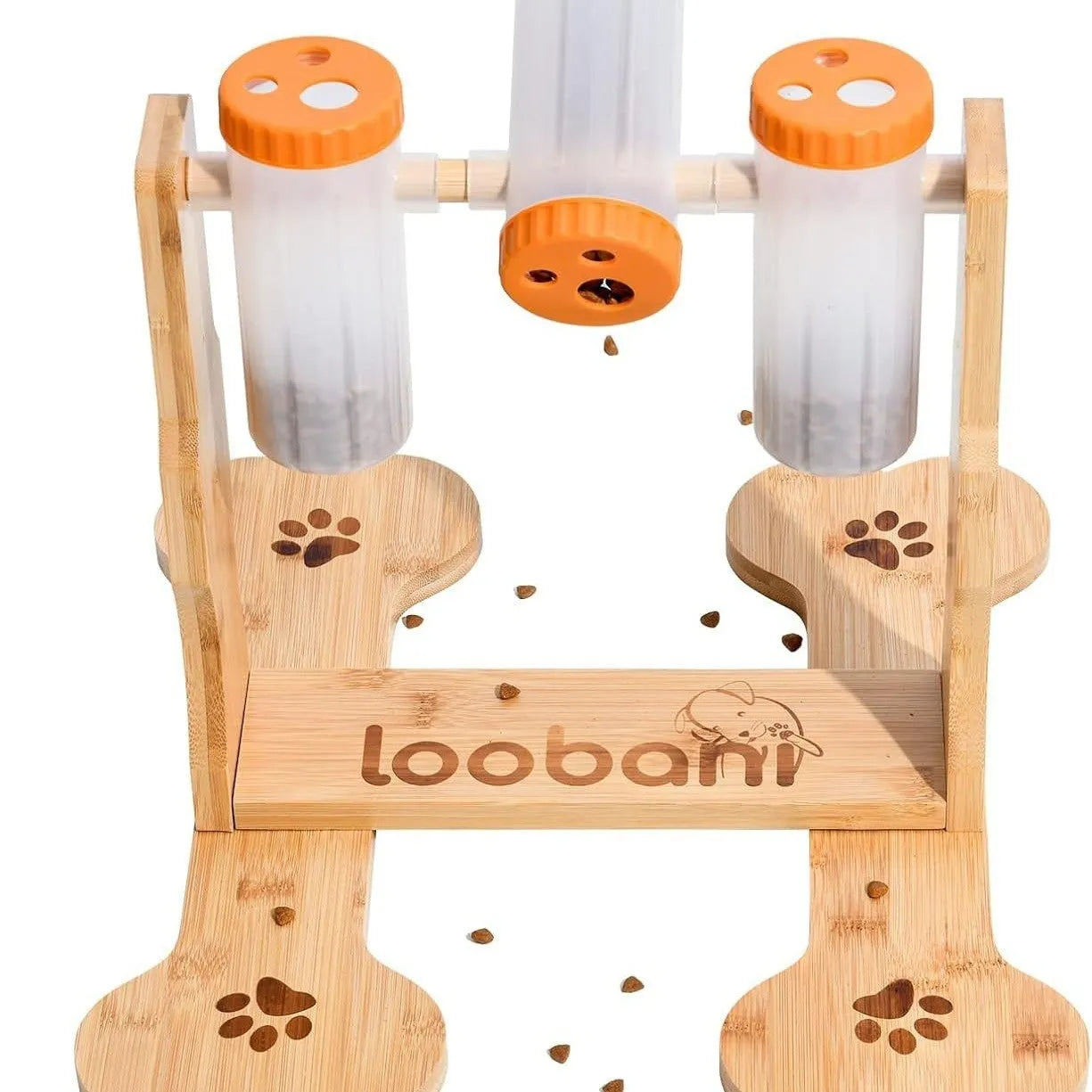 Natural wood colour interactive dog puzzle toy and snack dispenser feeder, 31cm by 30cm by 20cm.