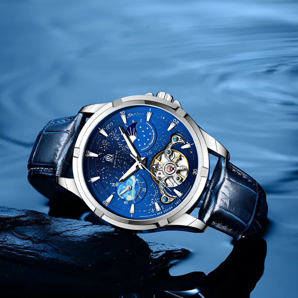 Men's automatic mechanical watch with blue dial and stainless steel bracelet showing thickness