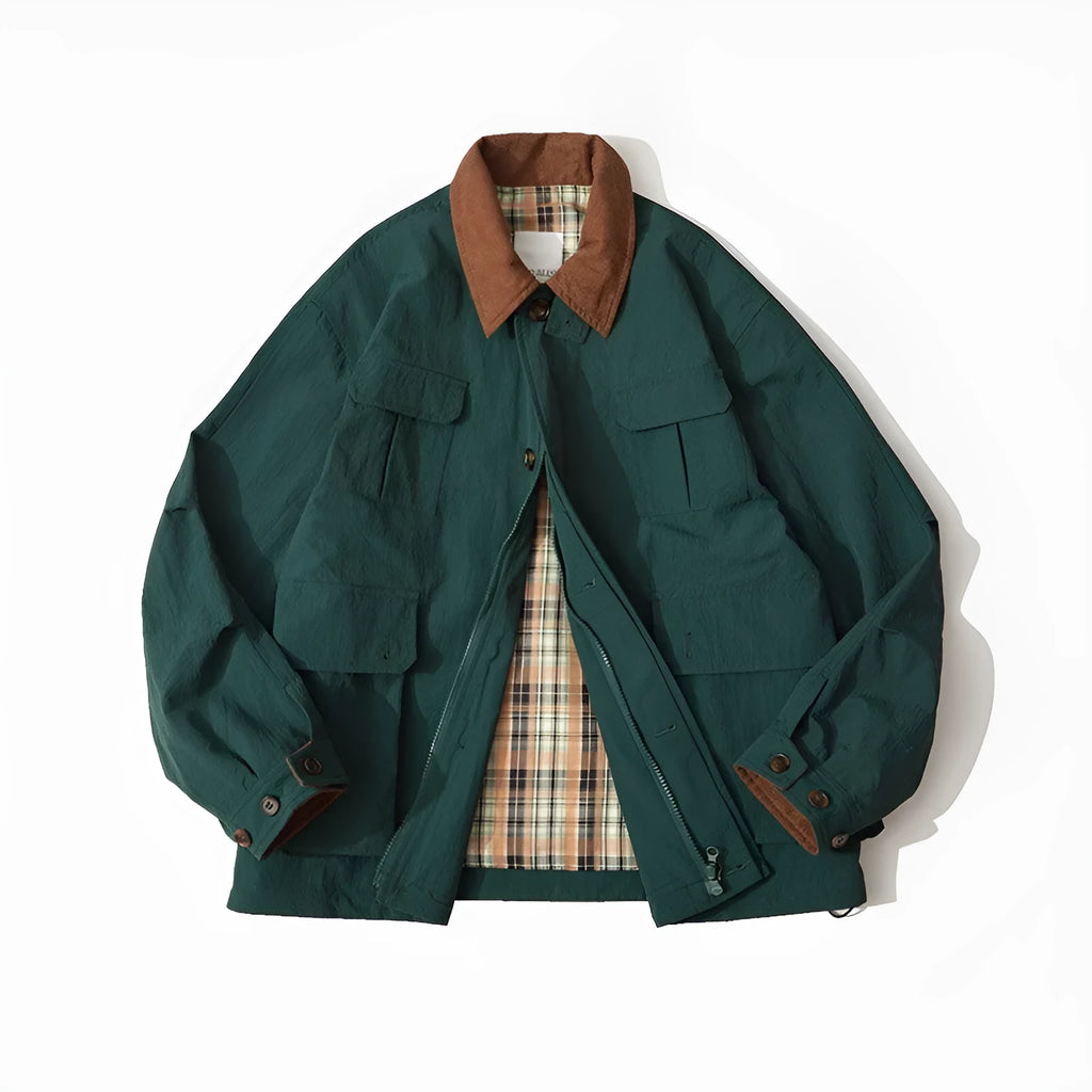 Green and apricot contrast colour casual jacket with side seam pockets and long sleeves