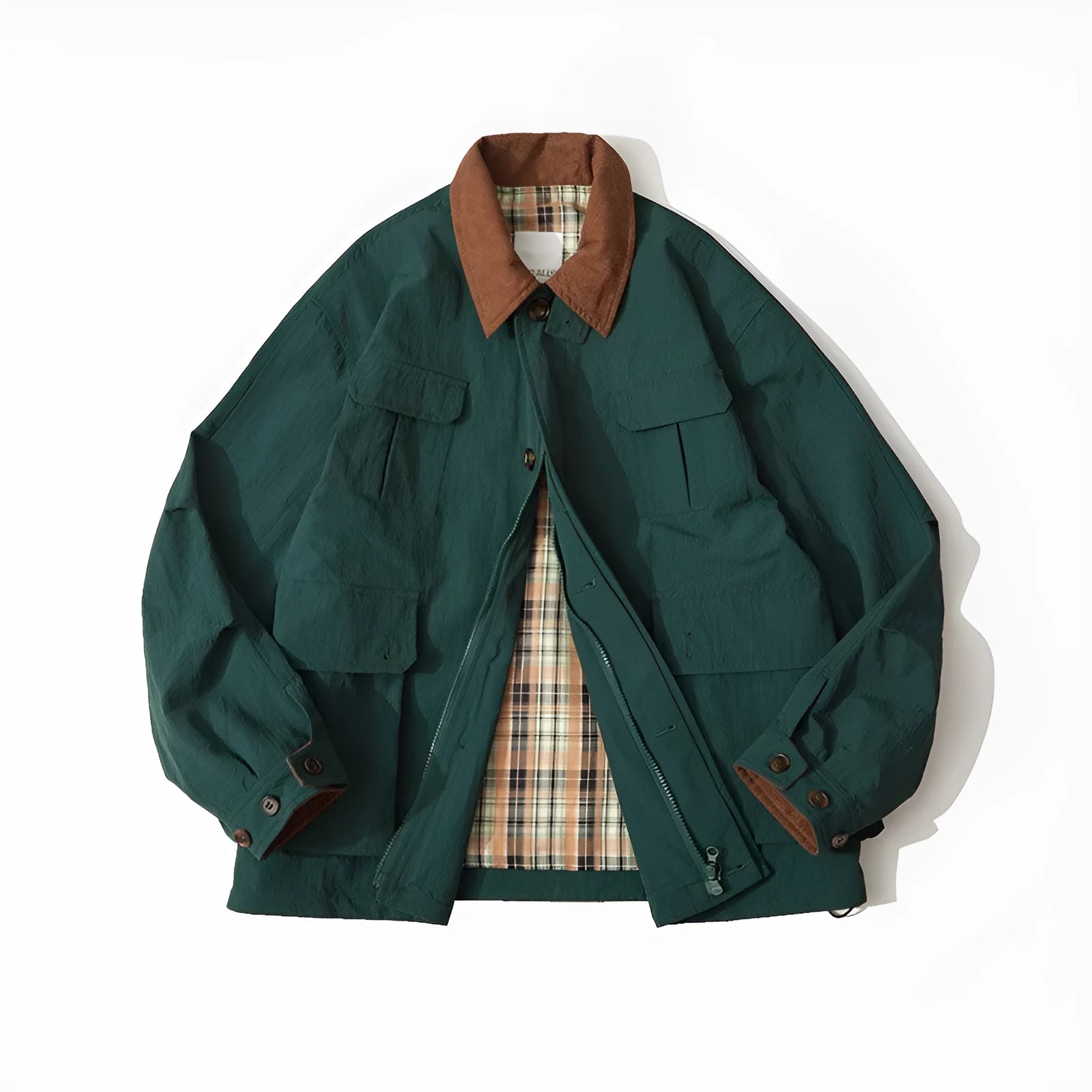 Green and apricot contrast colour casual jacket with side seam pockets and long sleeves