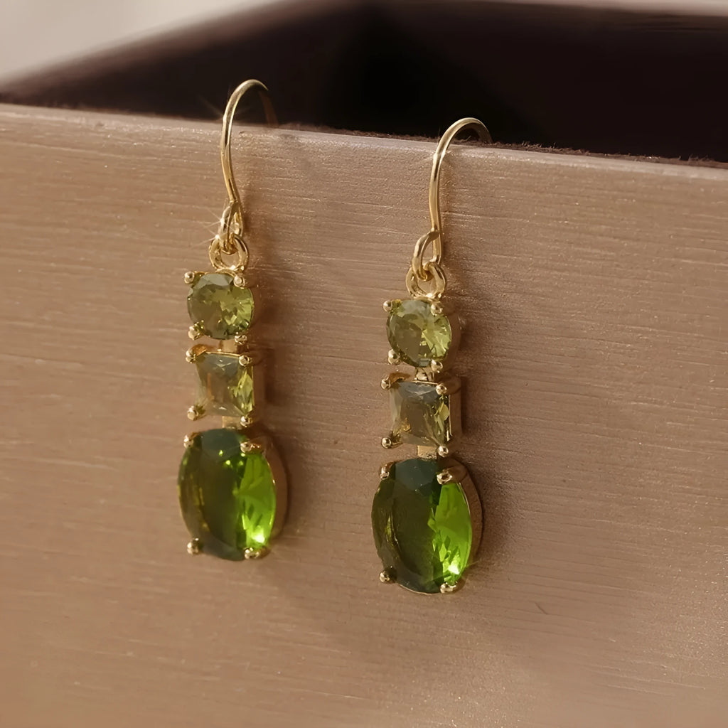 Green geometric copper drop earrings with quadrilateral design for bohemian retro style