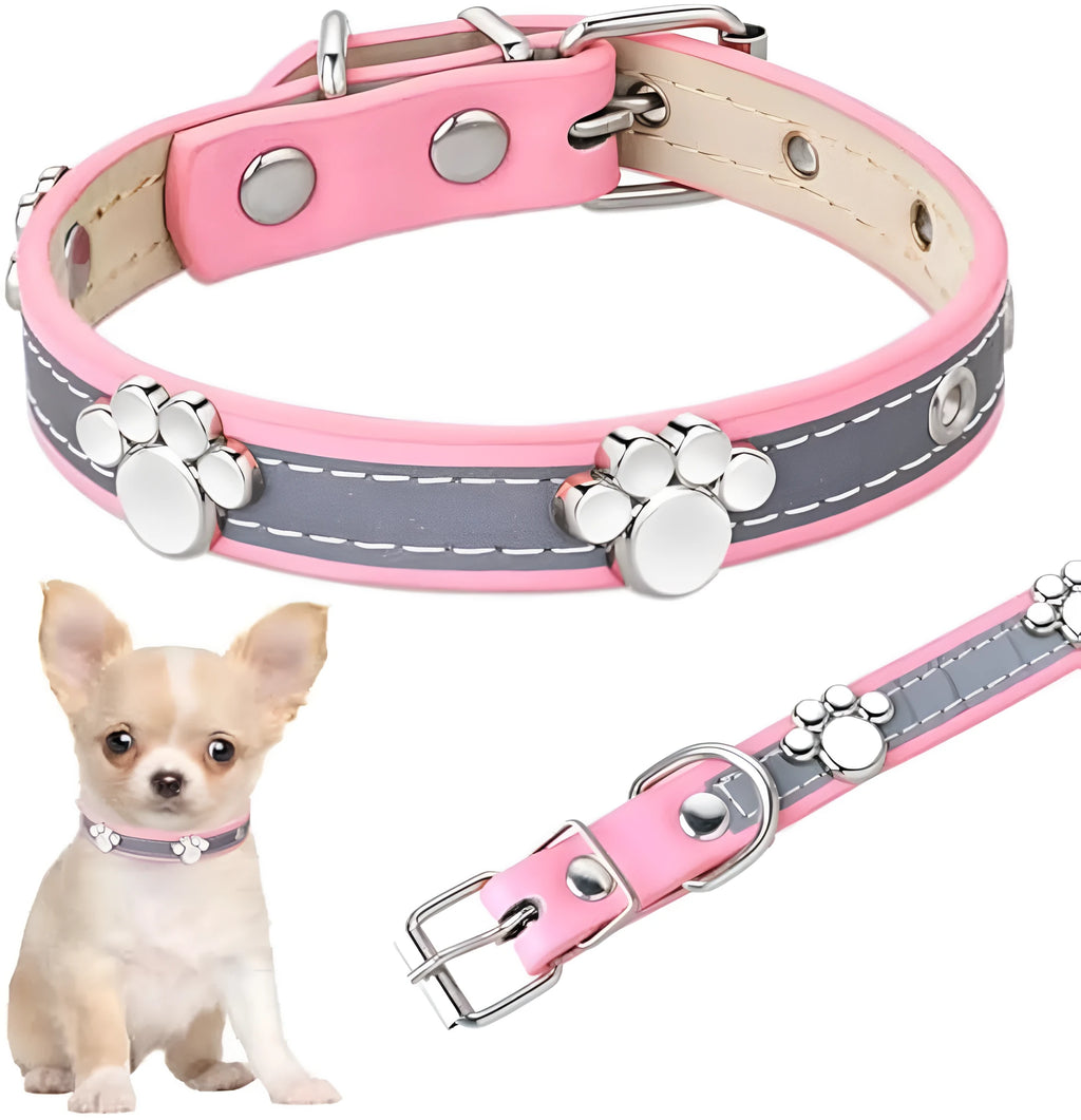 Reflective adjustable PU leather dog collar with metal paw rivet, shown in size L for medium dogs.