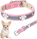 Reflective adjustable PU leather dog collar with metal paw rivet, shown in size L for medium dogs.