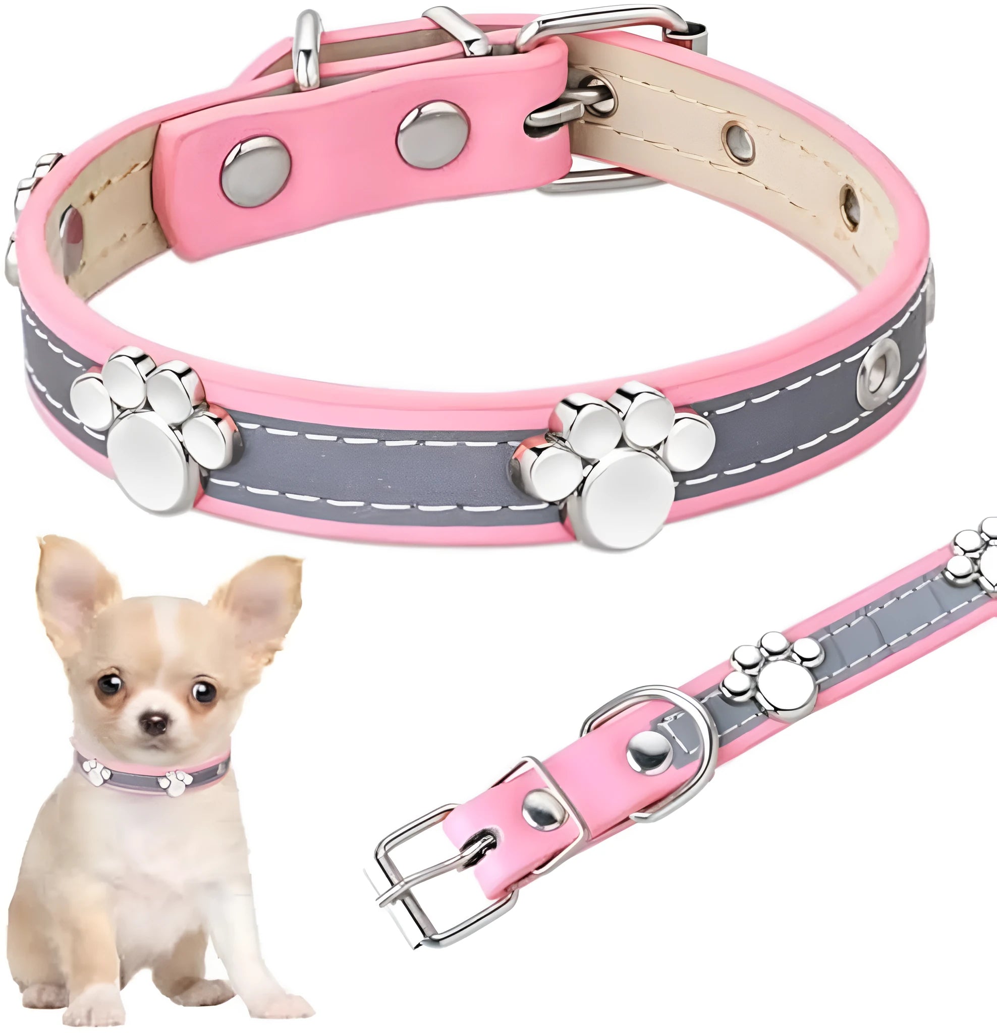 Reflective adjustable PU leather dog collar with metal paw rivet, shown in size L for medium dogs.