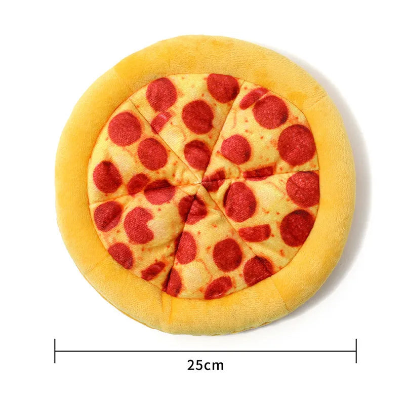 Yellow pizza design dog chewing toy with pepperoni and cheese details, 4 inches diameter