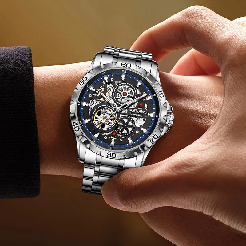 Men's automatic mechanical watch with hollow-out design showing movement through transparent case back