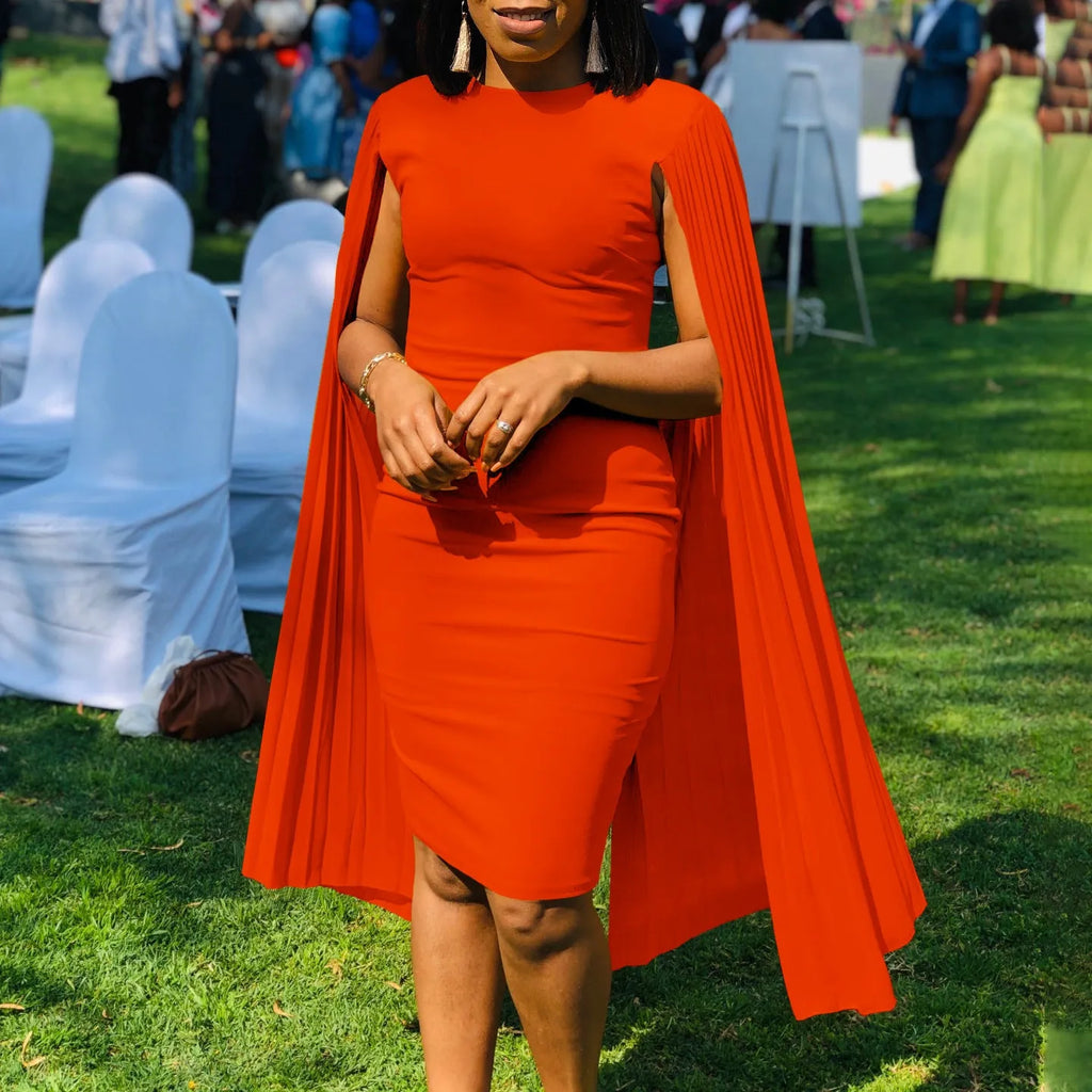 Women's high waist evening gown with pleated shawl collar and long sleeves