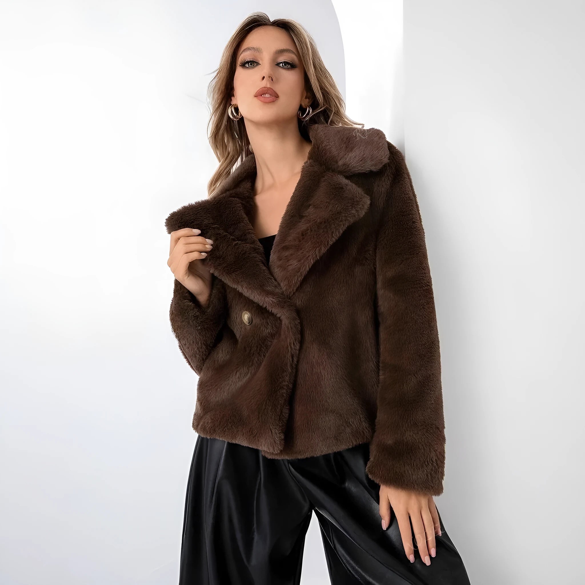 Women's short faux fur coat in loose style with regular sleeves shown in rose red colour