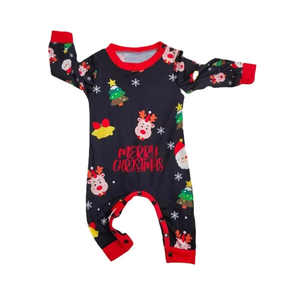 Family Christmas matching pyjamas set with plaid design showing parents, child and dog in coordinated sleepwear
