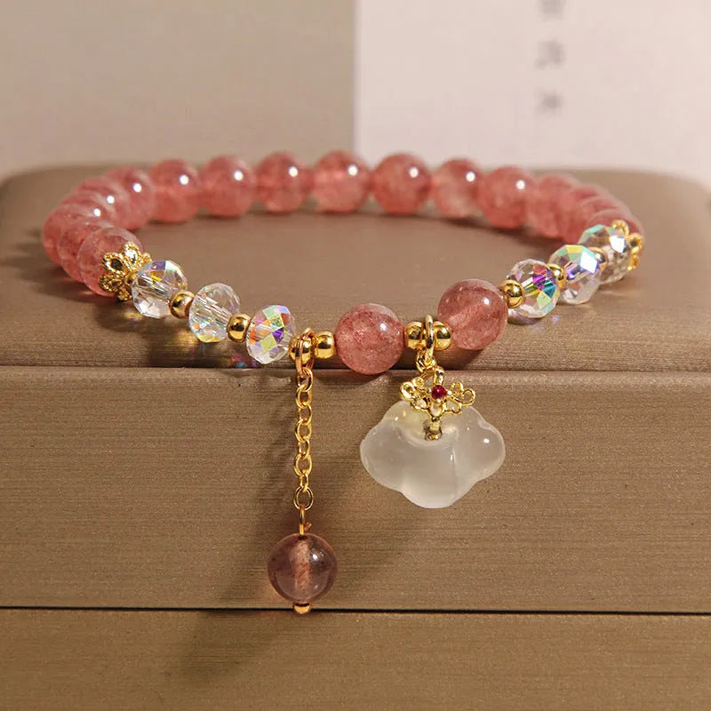Women's natural strawberry quartz white agate crystal bracelet with auspicious cloud carvings on stretch cord