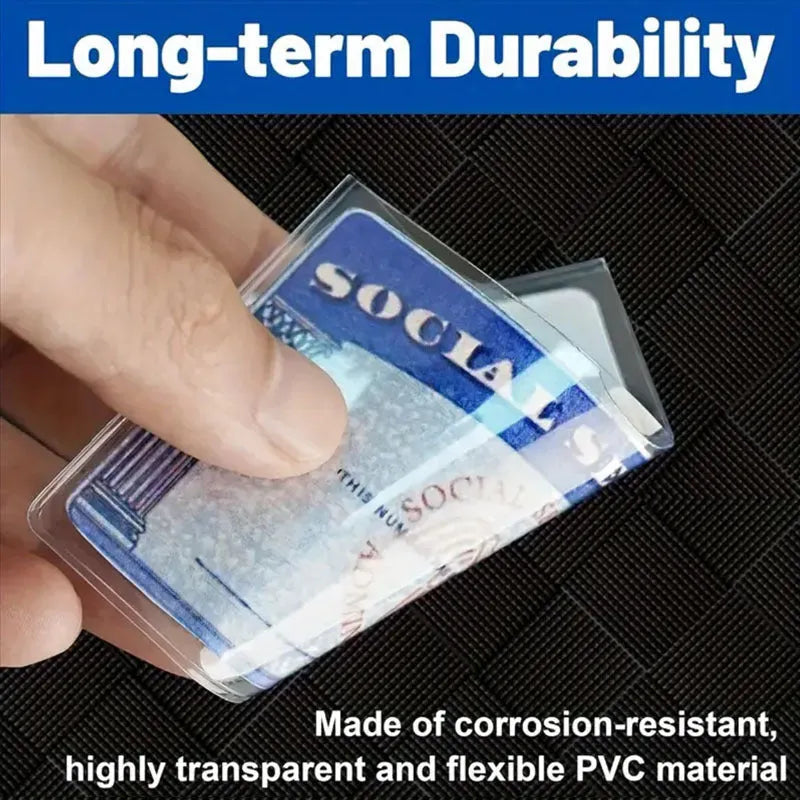 Clear PVC waterproof card holder for social security and ID cards measuring 9.7 by 5.9 centimetres.