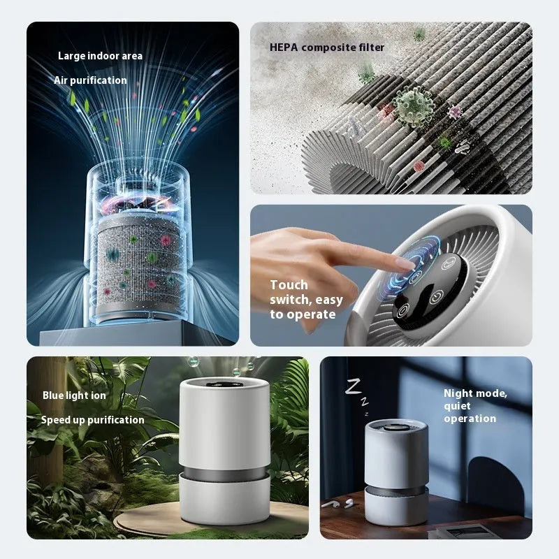 White desktop air purifier with USB cable for small room air quality improvement.