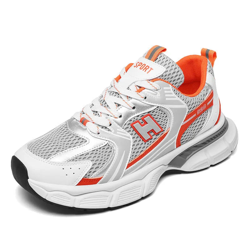 Men's mesh running shoes in black, white and grey, or white orange colours with plastic sole