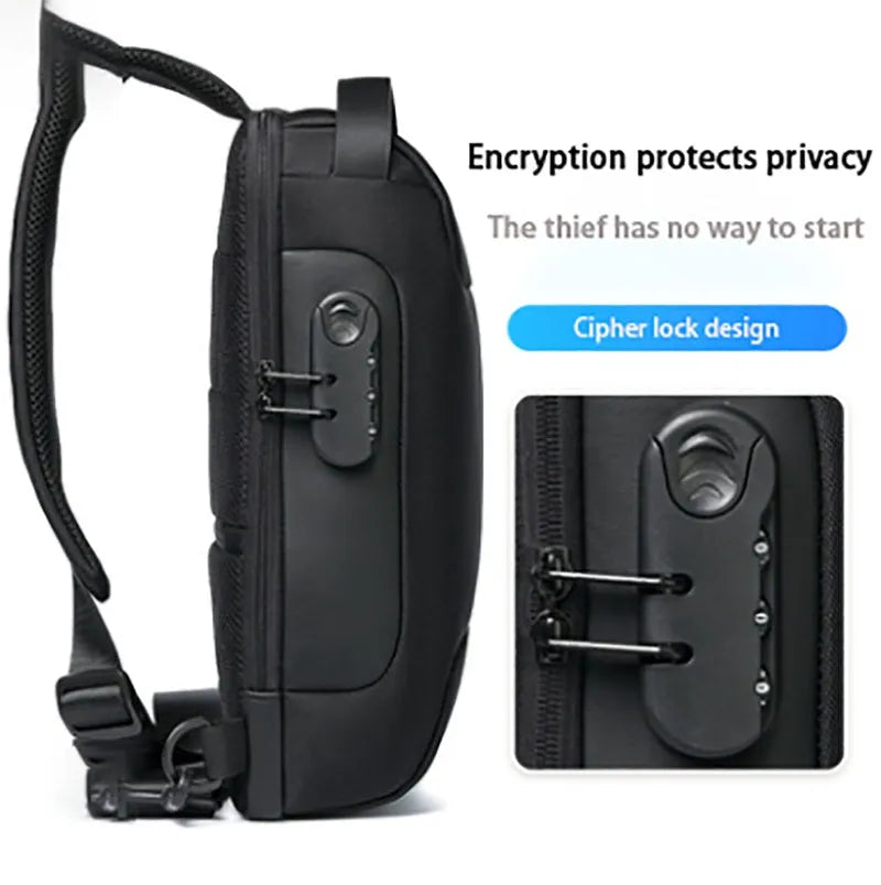 Men's waterproof Oxford crossbody shoulder bag with USB port showing internal compartments and anti-theft features