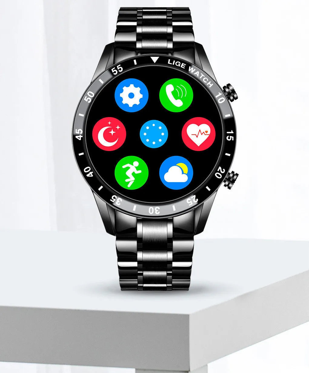 Stainless steel smart watch with black band and 1.3 inch touchscreen display.