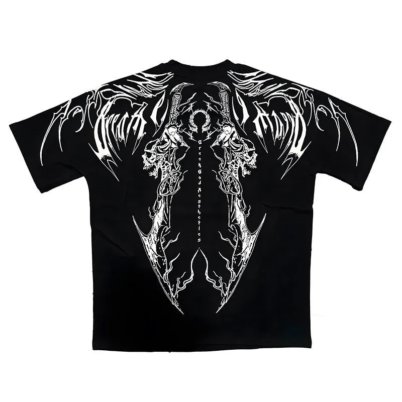 Dark style men's loose cotton short-sleeve T-shirt with gilding craft detailing on a mannequin.