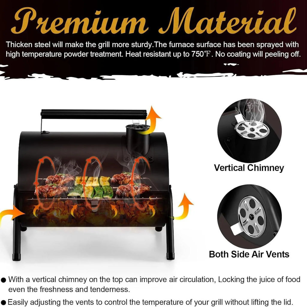 Small metal folding desktop barbecue grill with charcoal fuel bed.